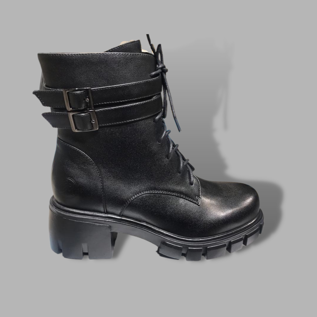 Smooth Genuine Leather Buckled Lace -up Combat Boots for Women - Eugenia Molina